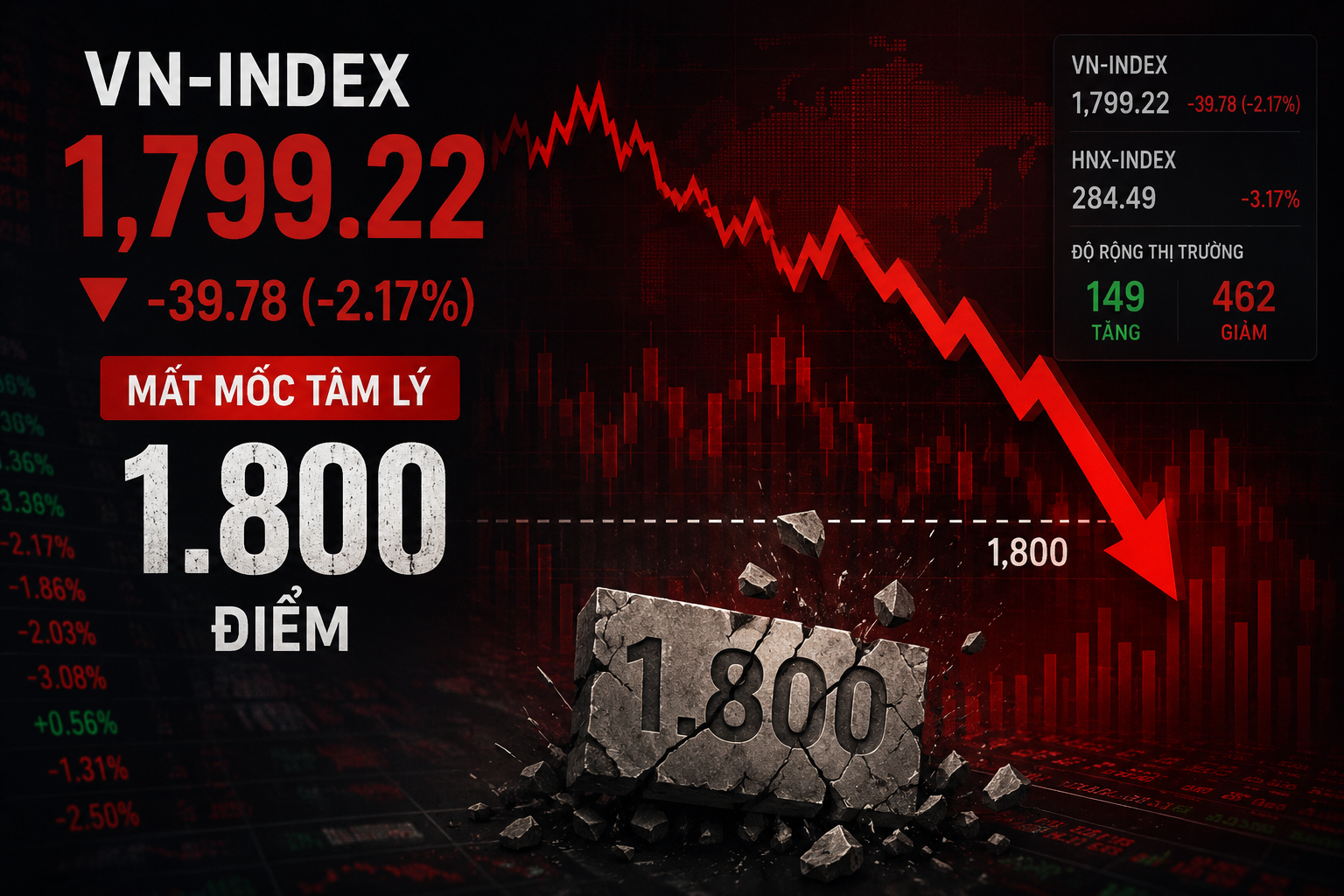 Thị trường đỏ lửa, VN-Index đánh rơi mốc tâm lý 1.800 điểm