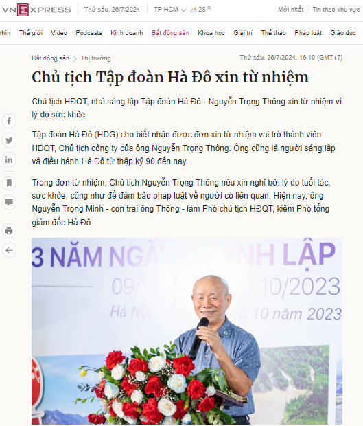 Chủ tịch Hà Đô-Nguyễn Trọng Thông rời ghế sau hơn ba thập kỷ cống hiến với khối tài sản 3.000 tỷ đồng!