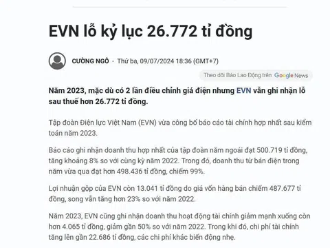 Báo lao động đưa tin EVN lỗ kỷ lục Năm 2023